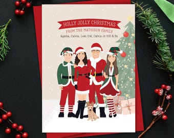 Custom Family Cartoon Christmas Cards, Personalized Portrait Portrait Holiday Cards, Mr and Mrs Clause and Elves near a Christmas Tree