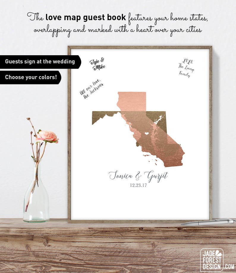 Wedding Guest Book, Personalized Wedding Sign, Faux Metallic Guest Book Map, Custom Guestbook Canvas, Unique Guest Book Gift Idea image 2