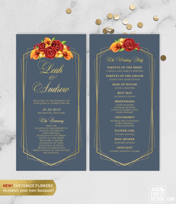 Fall Wedding Program Bridal Party Schedule Red Rose Etsy
