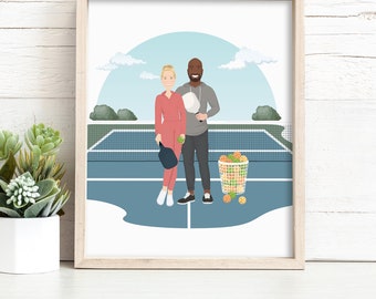 Custom Pickleball Couple Portrait with Paddles, Personalized Drawing from Photo, Fun Pickleball Gift for Wife, Gift for Pickleball Partner