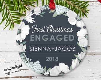 Engagement Ornament, Personalized Christmas Ornament, First Christmas Engaged Gift for Couple, Charcoal Gray and White Flowers