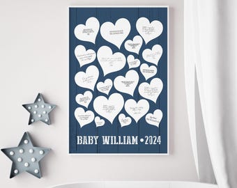 Nursery Guestbook Sign: Custom Blue Hearts - Canvas or Paper Print