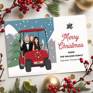 Family Portrait in Golf Cart, Personalized Christmas Card, Custom Couple Drawing with Champagne and Holly, Unique Golf Holiday Cards