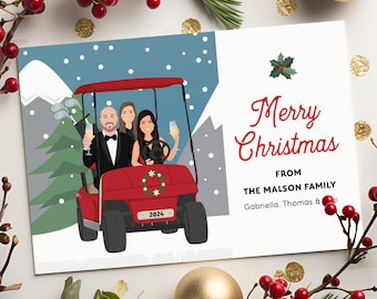 Family Portrait in Golf Cart, Personalized Christmas Card, Custom Couple Drawing with Champagne and Holly, Unique Golf Holiday Cards
