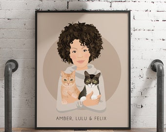 custom pet portrait drawn from photo, custom portrait of woman with two cats, pet gift for mothers day, gift for cat Mom, gift for cat lover