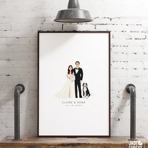custom guest book alternative, bride and groom with dog portrait, personalized wedding cartoon, couple holding hands drawing from photo