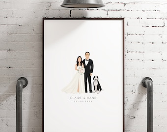 custom guest book alternative, bride and groom with dog portrait, personalized wedding cartoon, couple holding hands drawing from photo