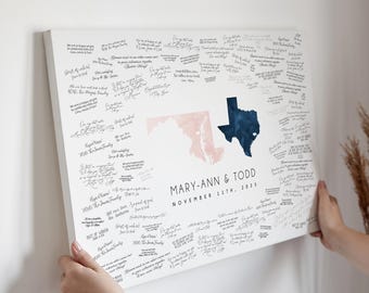 Wedding Guest Book Alternative, Custom Map Guestbook, Blush and Navy,  Signable Artwork for Weddings or Events, Texas and Maryland Wedding