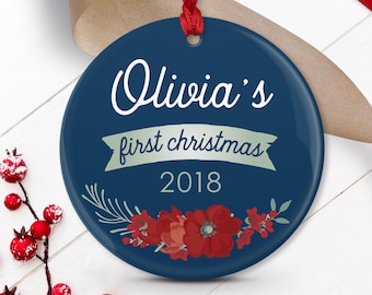 Baby First Christmas Ornament, Custom Baby Keepsake, New Mom Gift Idea, Ornament First Xmas, Navy and Red Flowers