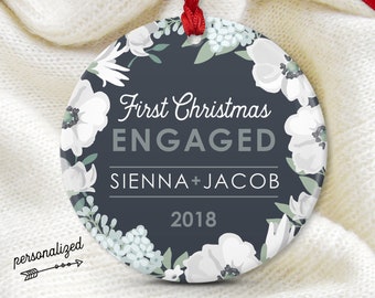 Engagement Ornament, Personalized Christmas Ornament, First Christmas Engaged Gift for Couple, Charcoal Gray and White Flowers