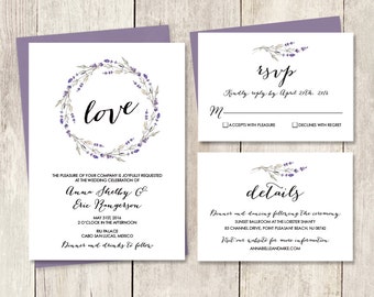 Floral Wedding Invitation Suite / Rustic Lavender Wreath Flower, Twig / Invite Set ▷ Printed Wedding Invitations {or} Printable