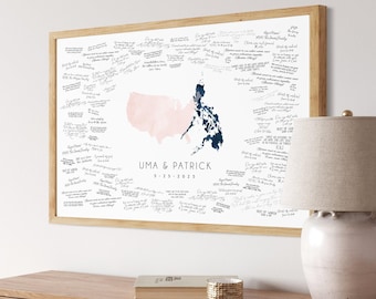 Guest Book Alternative: Blush and Navy Map Overlap - Personalized Art
