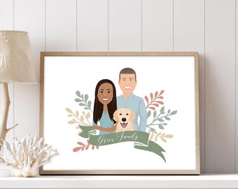 Personalized Family Portrait: Couple and Dog Drawing - Framed Art