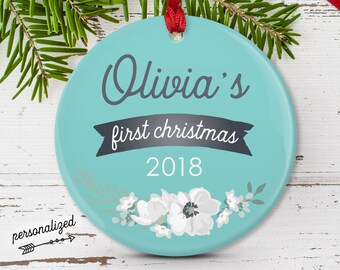 First Christmas Baby Ornament, Personalized Baby Keepsake, New Baby Gift Idea, Ornament First Xmas, Aqua Blue and Gray