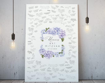 Bat Mitzvah Guestbook, Purple Hydrangea Floral (Canvas or Paper)