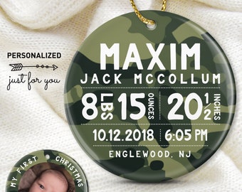 Camouflage Ornament, New Baby Birth Stats Ornament, My First Christmas Gift, Military Dad Gift Idea, Green Camo