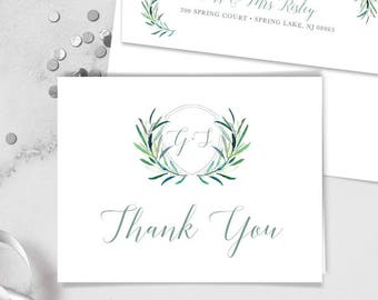 Greenery Thank You Card / Eucalyptus Crest / Initial Monogram Crest, Eucalyptus Leaves ▷ Printed Heavy Paper {or} Printable