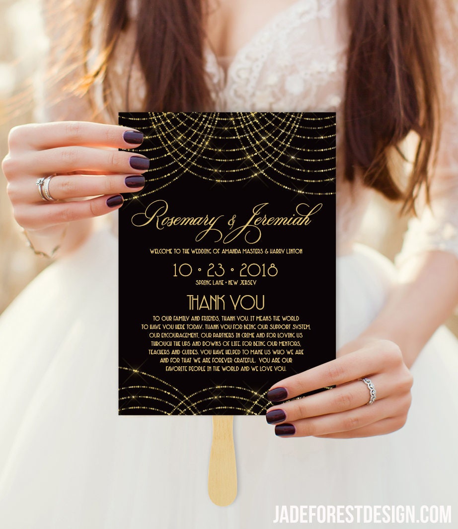 Great Gatsby Wedding Program Fan Bokeh Gold Fairy Lights