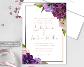 Purple Wedding Invitation / Purple Flowers, Anemone, Peony, Ranunculus, Rose Gold ▷ Printed Heavy Paper {or} Printable