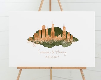 Wedding Guest Book Alternative for Chicago Wedding, Custom City Skyline Wedding Wall Art, Faux Copper and Dark Olive Green Watercolor