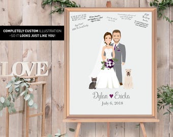 Custom Wedding Guest Book: Cartoon Couple Portrait with Pets