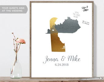 Wedding Map Guest Book Alternative / States Map / Faux Metallic Silver Map Guestbook / Guest Sign In Canvas or Paper {or} Printable {moa}