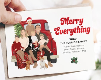 Christmas Card Custom Cartoon, Large Family Portrait with Pets, Christmas Red Truck, Funny Pet Holiday Card, Merry Everything Holiday Card