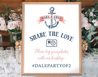 Nautical Hashtag Sign for Social Media, Coral Navy Blue Wedding Photo Sign for Beach Wedding > PRINTED Sign for Wedding {or} Printable Sign