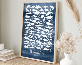SEA LIFE Guest Book Alternative, Canvas for Guests to Sign, for Wedding or Bridal Shower, Nautical Themed Wedding, Fish and Shark Shapes