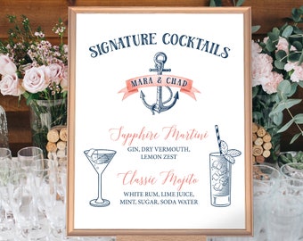 Nautical Cocktail Sign, Signature Cocktail Sign, Wedding Bar Sign, Coral Navy Blue Drink Sign > PRINTED Sign for Wedding or Printable Sign