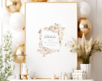 Bat Mitzvah Guest Book Canvas, Floral Peony Frame (Personalized Sign In)