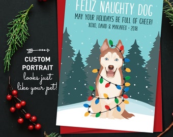 Copper Husky Christmas Card, Unique Holiday Cards with Custom Pet Portrait, Funny Dog Holiday Card, Husky Xmas Card