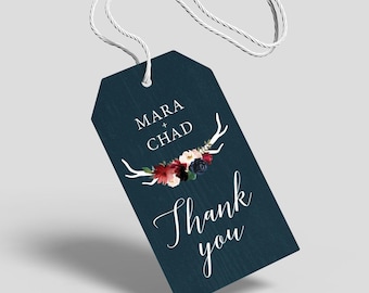 Rustic Gift Tags, Burgundy Navy Boho Wedding Favor Tags, Marsala Blush Flower and Antler Sticker > PRINTED Tags, Round or Square Stickers