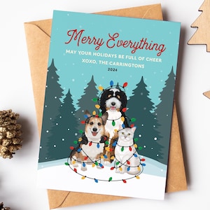 Biglietto di auguri di Natale per famiglie con cani, biglietti di auguri unici con ritratto personalizzato del tuo animale domestico, biglietto di auguri di Natale divertente con cani, biglietto di auguri di Natale con cani e gatti, luci di Natale