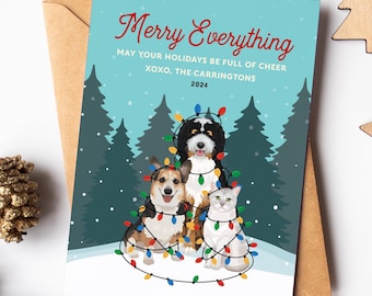 Family Dog Christmas Card, Unique Holiday Cards with Custom Pet Portrait, Funny Dog Holiday Card, Dog and Cat Xmas Card, Christmas Lights