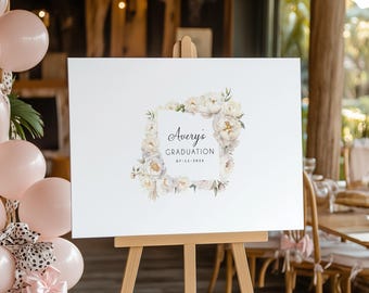 Graduation GUEST BOOK Alternative, White Peony Square Guestbook Canvas to Sign, Custom Graduation Party Sign, Graduation Gift for Her