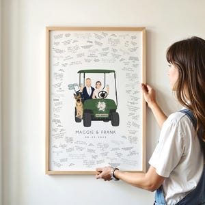 Custom Wedding Guest Book Alternative for Golf Themed Wedding, Bride and Groom in Golf Cart with Dog, Green Golf Cart Wedding Poster to Sign