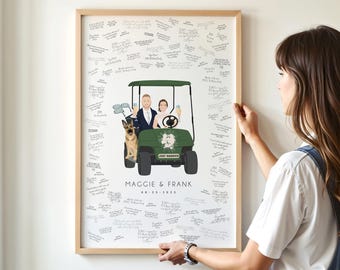 Custom Wedding Guest Book Alternative for Golf Themed Wedding, Bride and Groom in Golf Cart with Dog, Green Golf Cart Wedding Poster to Sign