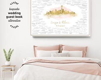 Wedding Guest Book: Seattle Skyline Art - Custom Name and Date