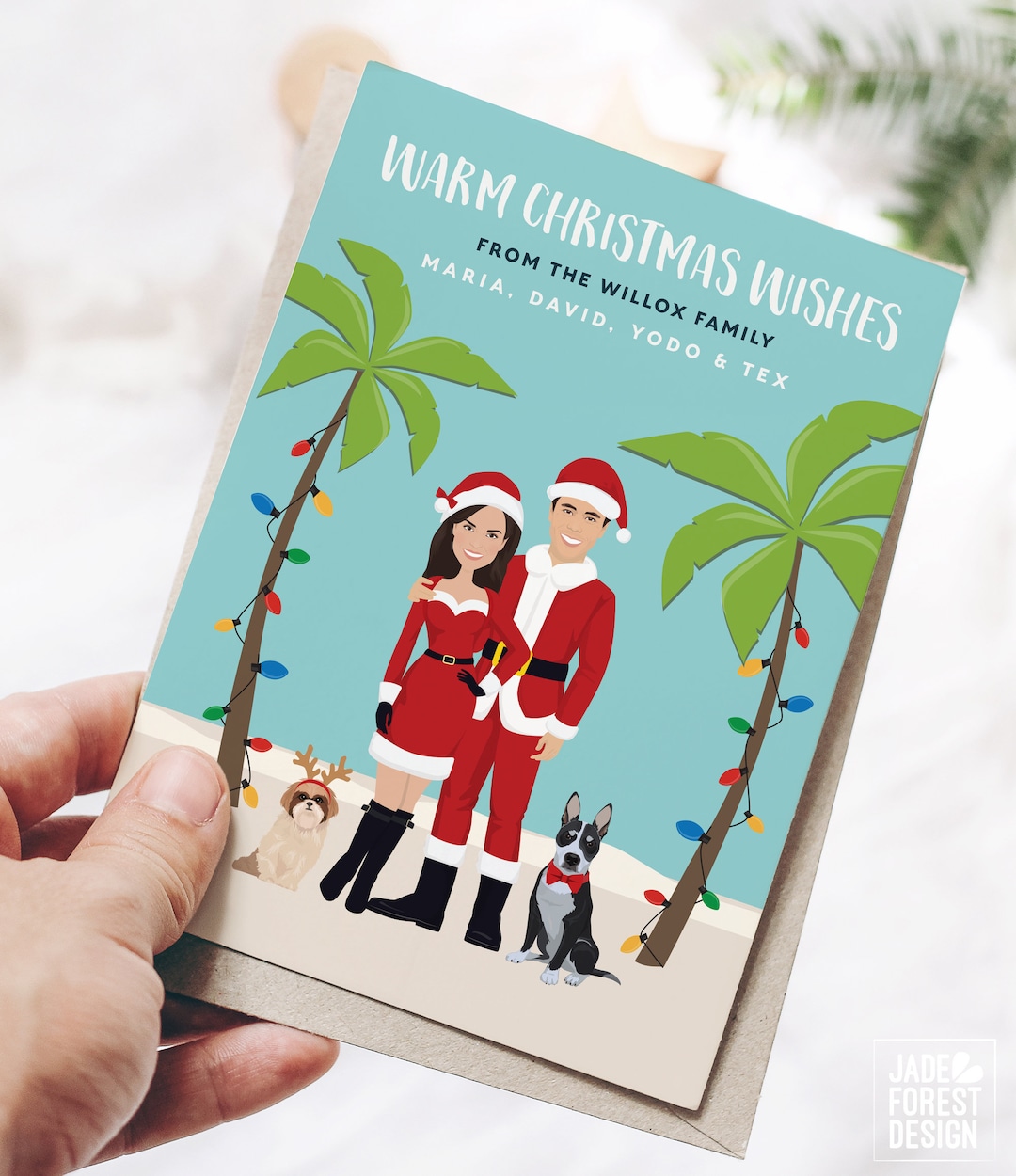 Tropical Christmas Cards. Portrait Holiday Card in Santa Outfits With