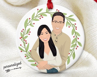 Personalized Portrait Christmas Ornament, Custom Keepsake Drawing from Photo, Round Ceramic Porcelain or Shatterproof Aluminum with Ribbon