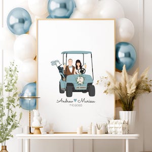 Golf Wedding Gift Guest Book Alternative, Cartoon Bride and Groom in Blue Cart, Canvas