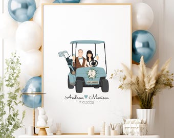 Golf Wedding Guest Book Alternative | Custom Couple Portrait in Golf Cart