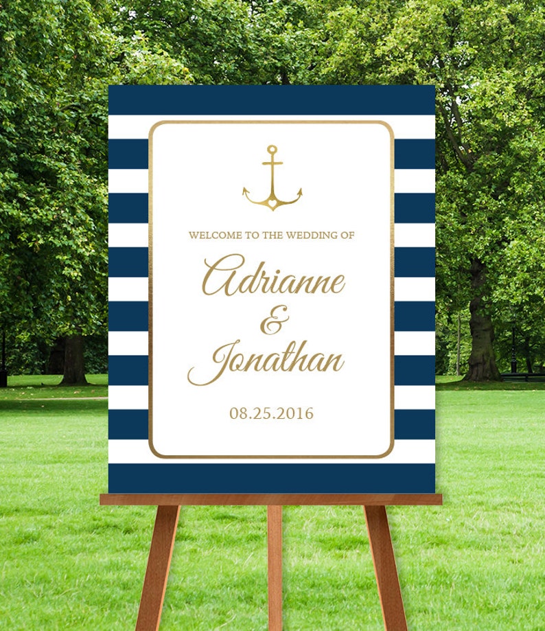 Nautical Wedding Welcome Sign / Nautical Stripes / Navy Stripes and Gold Anchor / Navy and Gold Printable File or Printed & Shipped image 1