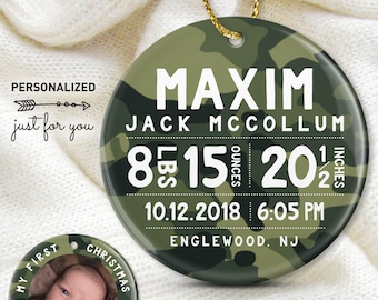 Camouflage Baby Ornament, Green Camo (Personalized Birth Stats)