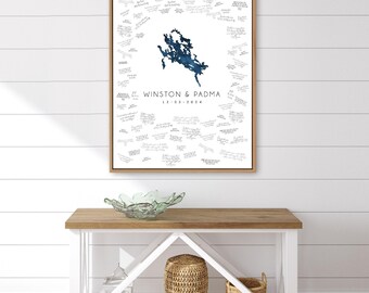 Wedding Guestbook Alternative: Custom Lake Map - Navy Blue Watercolor