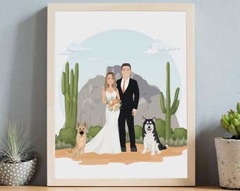 Couple Wedding Portrait with Custom Background, Personalized Cartoon Illustration from Photo with Your Own Location, Unique Anniversary Gift