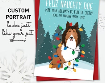 Custom Dog Portrait, Funny Christmas, Collie Christmas Card, Personalized Pet Cartoon Holiday Greeting, Unique Collie Dad Xmas Design