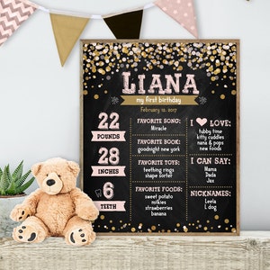 Blush and Gold First Birthday Chalkboard / Baby Facts, Chalk Baby Stats / Chalkboard Canvas Sign ▷ Printable File {or} Printed & Shipped