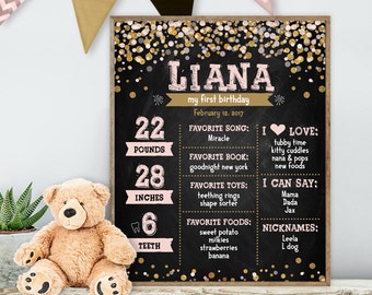 Blush and Gold First Birthday Chalkboard / Baby Facts, Chalk Baby Stats / Chalkboard Canvas Sign ▷ Printable File {or} Printed & Shipped